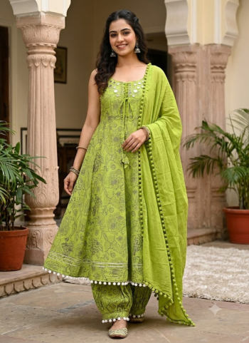 Women's Lime Green Printed Anarkali Salwar Suit Set with Dupatta.